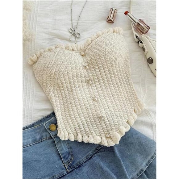 ✨ Knitted Strapless Crop Top | Ruffle Trim & Pearl Button Detail - Picture 3 of 6